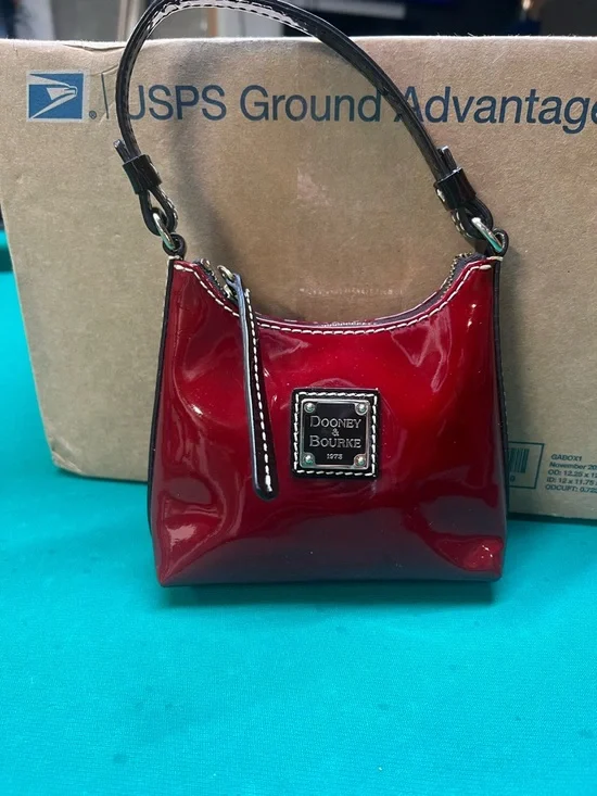 Dooney & Bourke Red Patent Leather Mini Hobo Bag | White Contrast Stitch EUC - Picture 2 of 8